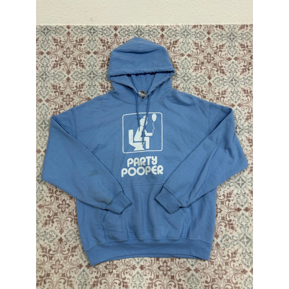 Gildan Heavy Blend Party Pooper Graphic Hoodie Light Blue Mens Medium Humor